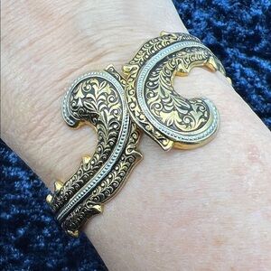 VINTAGE Damascene Crossover Clamper Bracelet • Black & Gold Tone • Ornate Scroll